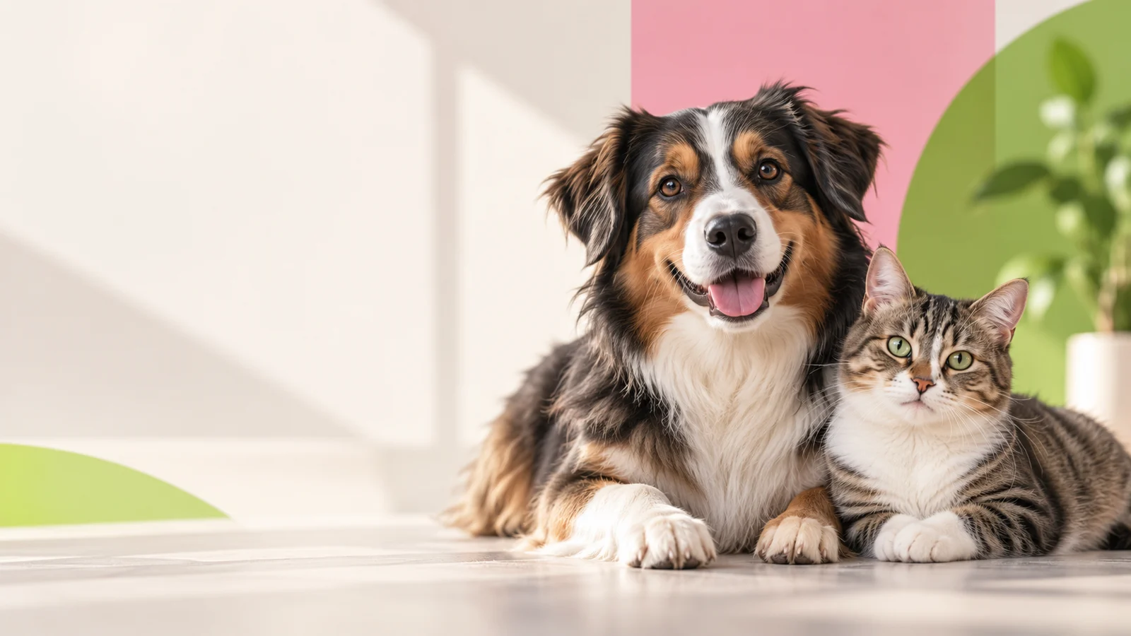 Hund und Katze nebeneinander im hellen Studio – KI-generiertes Symbolbild.